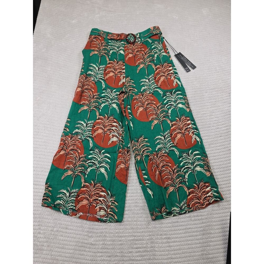 Nicole Miller Pants Womens Large 100% Flax Linen Wide Leg Cropped Green Tropical